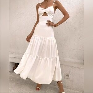 White Cut Out Maxi Dress High Waist Sleeveless Tiered Long Sundress New